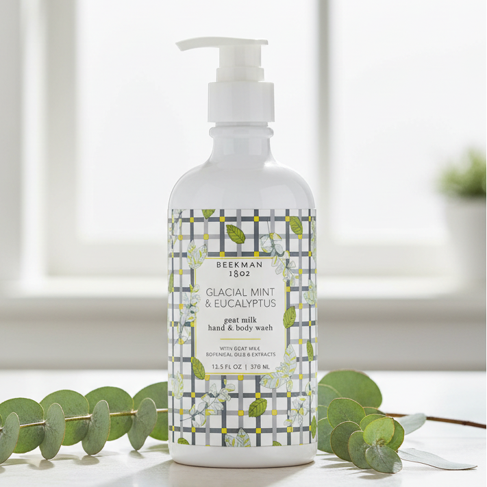 Bottle of Beekman 1802 glacial mint and eucalyptus goat milk hand and body wash