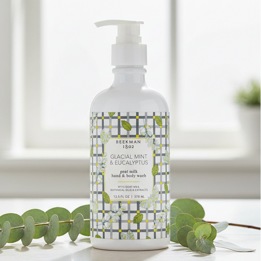 Bottle of Beekman 1802 glacial mint and eucalyptus goat milk hand and body wash