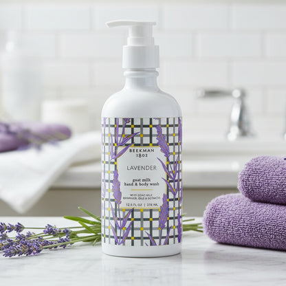 Bottle of lavender hand and body wash with a checkered design