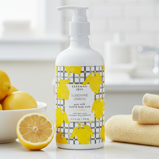 Hand and body wash bottle with lemon design