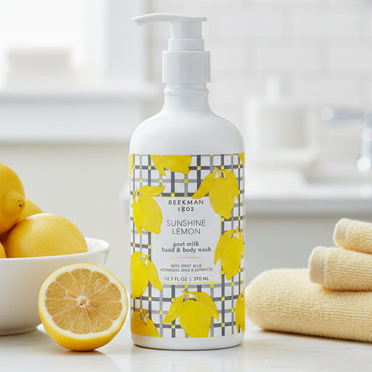 Hand and body wash bottle with lemon design