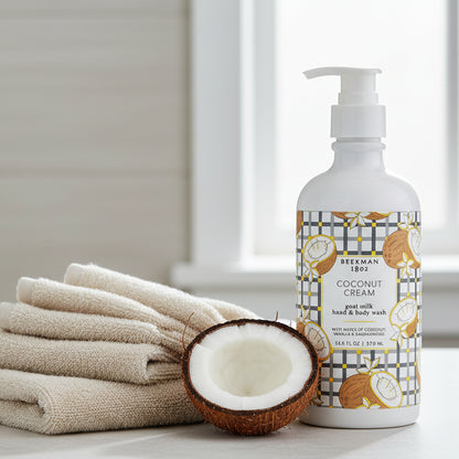 Coconut cream hand and body wash bottle with patterned label