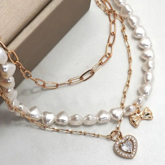 Bow Heart Pearl Layer Necklace