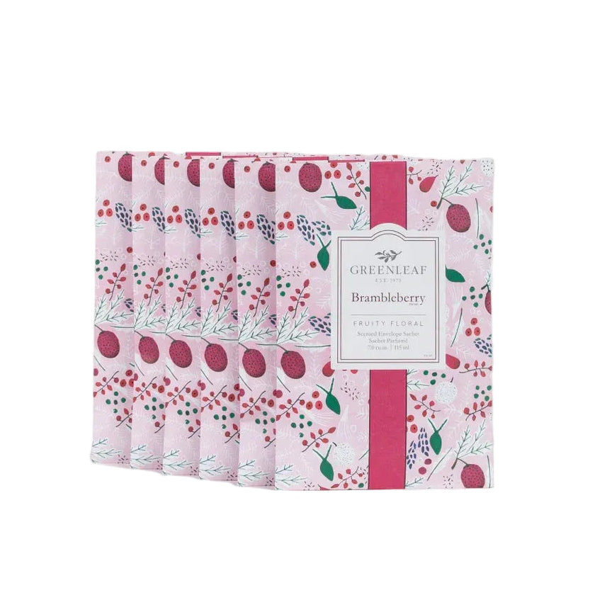 A stack of 6 Greenleaf Brambleberry large sachets on a white background