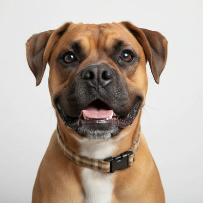 brown plaid dog collar with a black buckle on boxer on a white background.