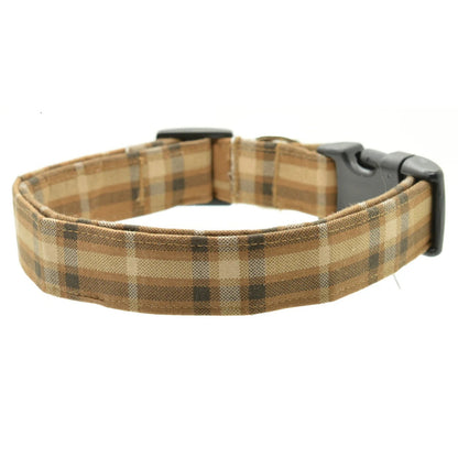 brown plaid dog collar with a black buckle on a white background