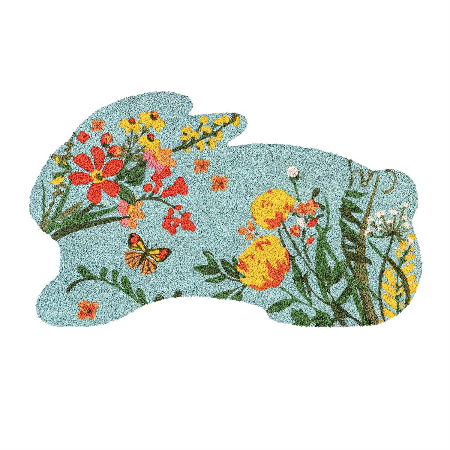 Bunny shaped coir mat with floral design on a white background