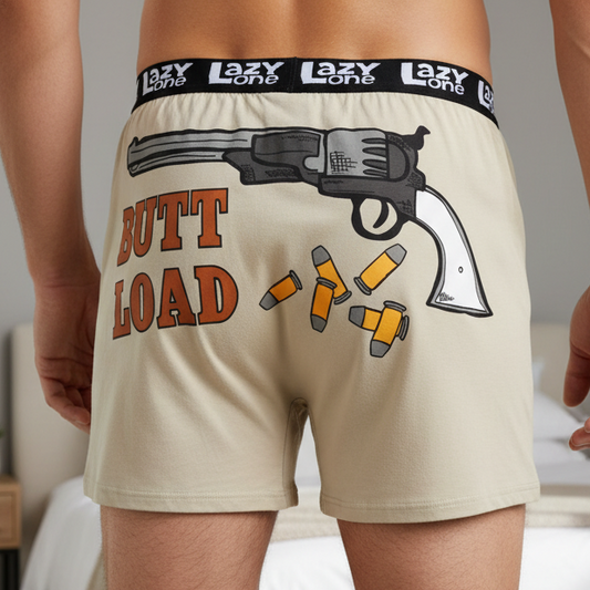 Beige shorts with a graphic of a gun and 'Butt Load' text, featuring the brand 'Lazy One', on a white background.