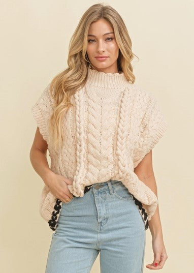 Cable Knit Drop Shoulder Sweater - Cream