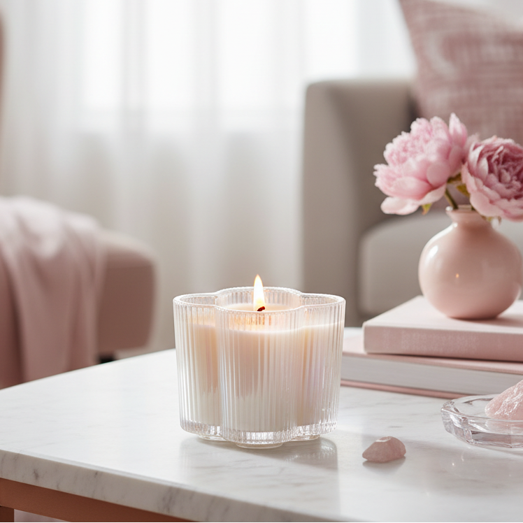 Sweet Grace Candle #076 shown on a table with pink decor