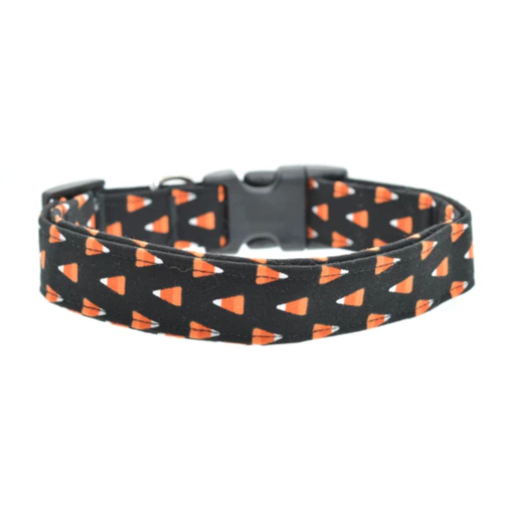 dog collar with black background featuring candy corn and a black buckle on a white background
