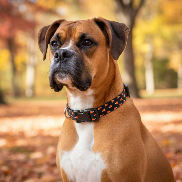 Dog collar with candy corn pattern and black buckle on a boxer sitting outside in the fall