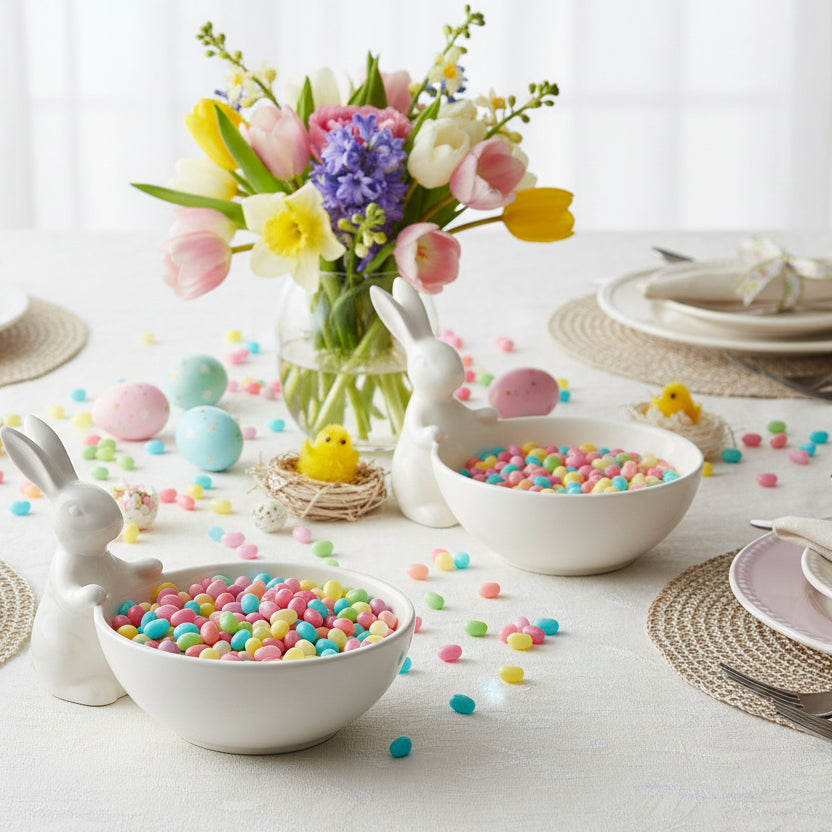 Two white ceramic rabbit bowls filled with jelly beans on a table with flowers