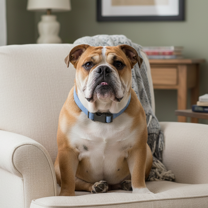 chambray dog collar with a black buckle on a bulldog