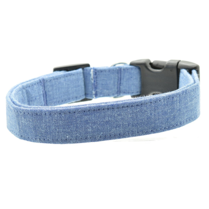 chambray dog collar with a black buckle on a white background