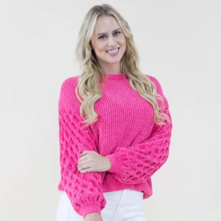 Chenille Sweater with Braided Knitted Sleeve in Fuchsia
