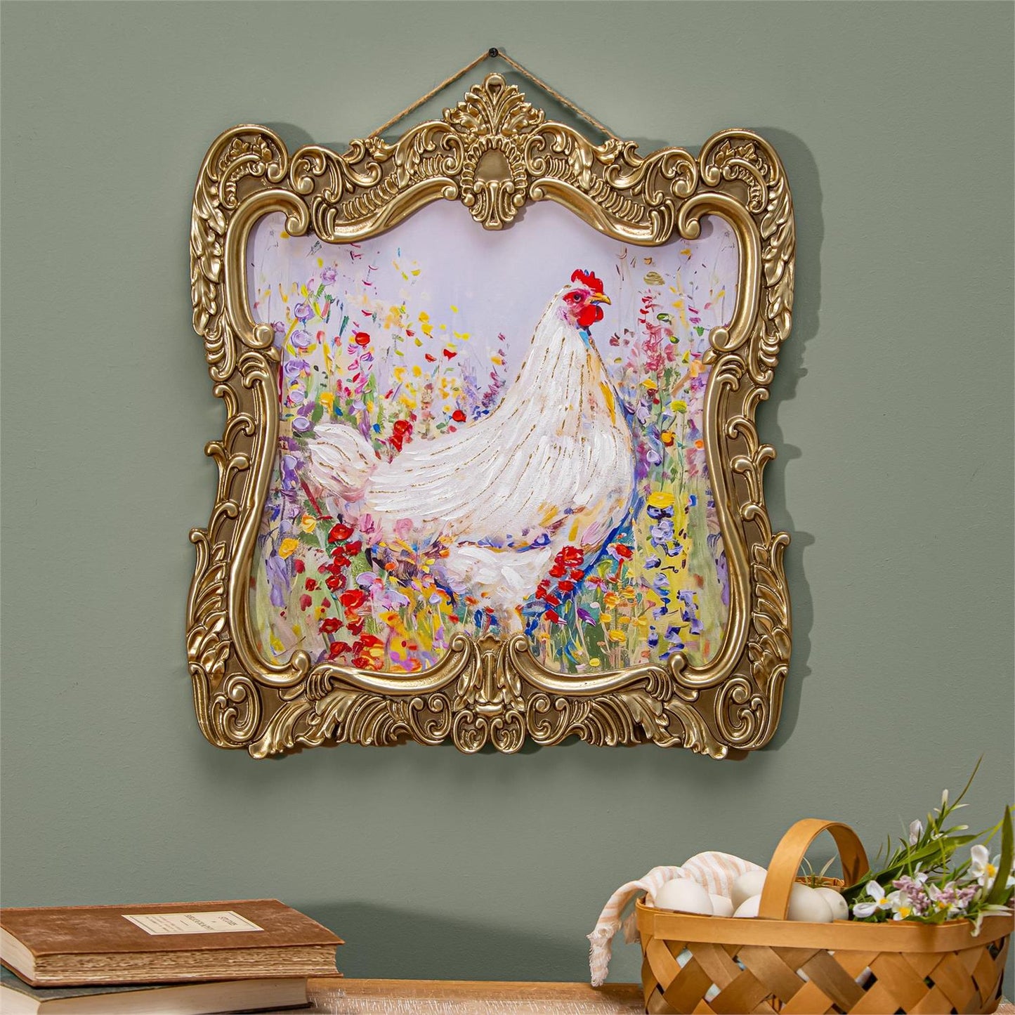 Decorative painting of a chicken in a floral field with an ornate gold frame on a wall.