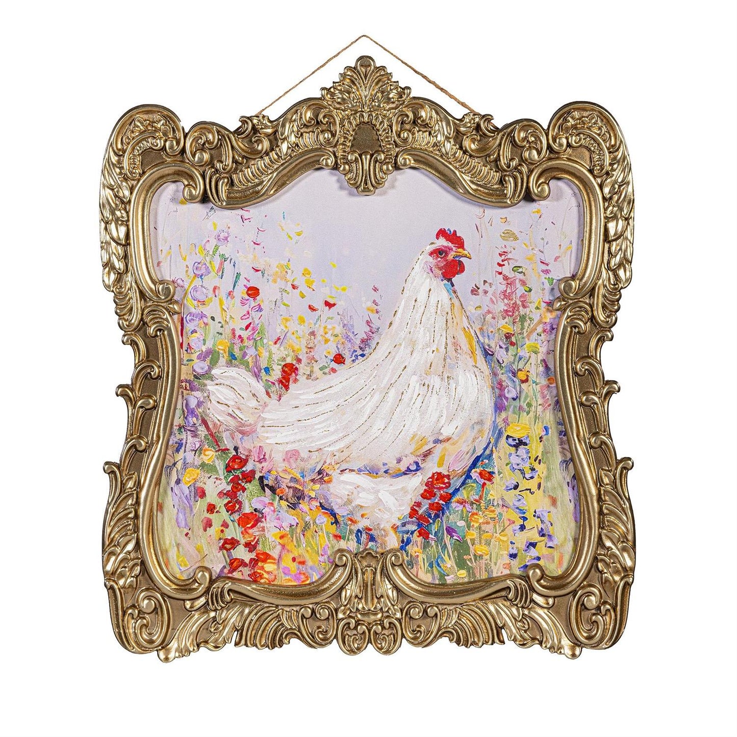Decorative painting of a chicken in a floral field within an ornate gold frame.