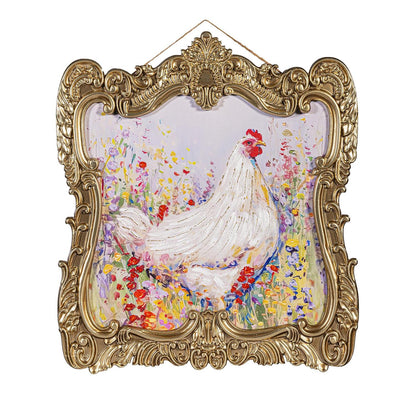Decorative painting of a chicken in a floral field within an ornate gold frame.