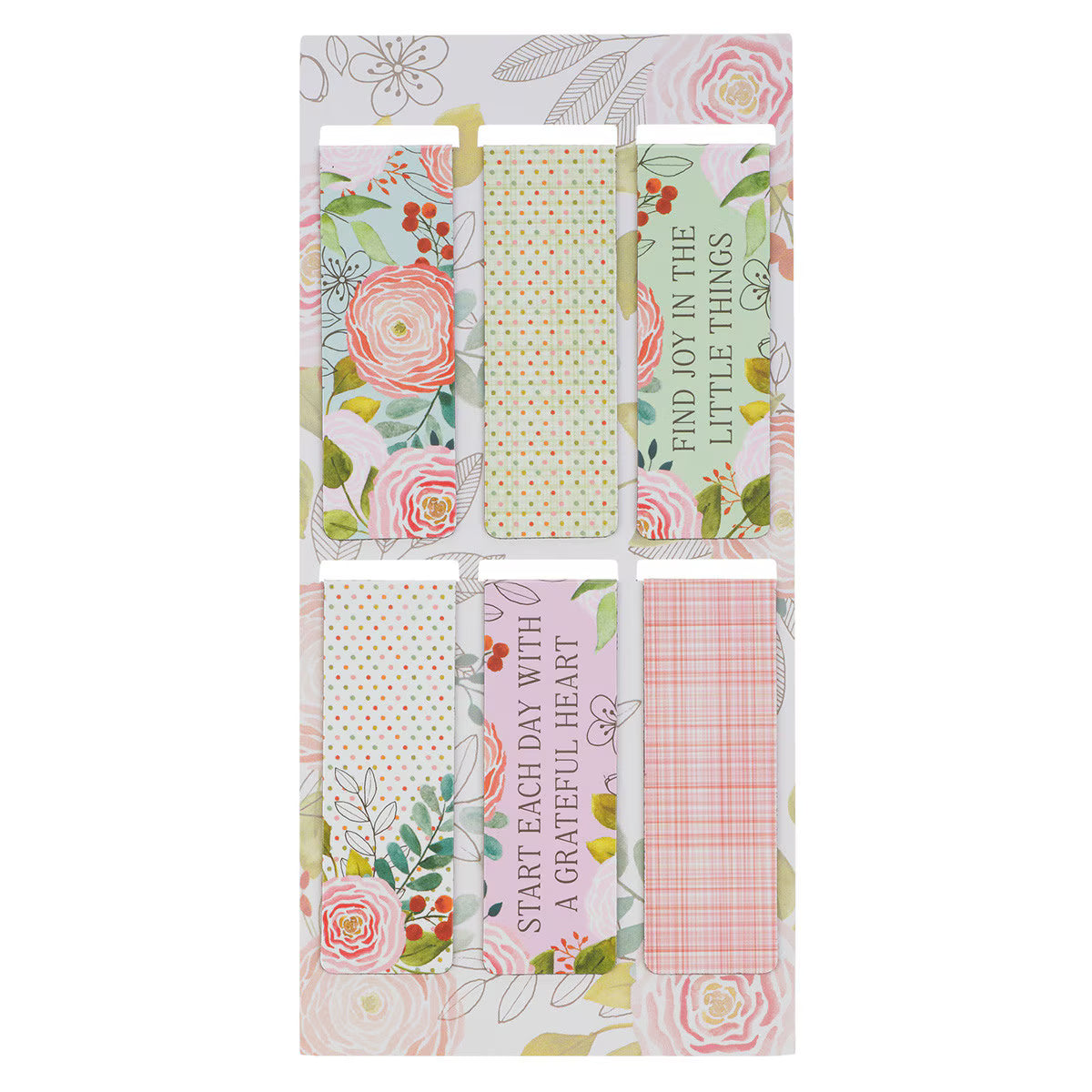 Set of patterned magnetic bookmark floral and motivational text designs.