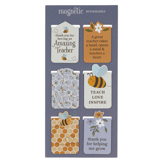 Set of magnetic bookmarks with teacher-themed designs on a gray card.