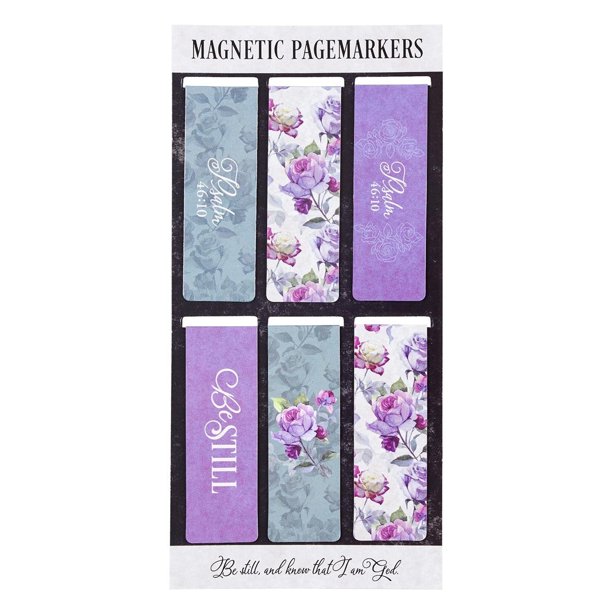 Set of magnetic page markers with floral and text designs on a white background