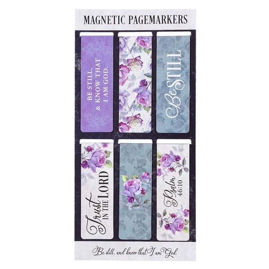 Set of six floral and motivational magnetic page markers on a white background