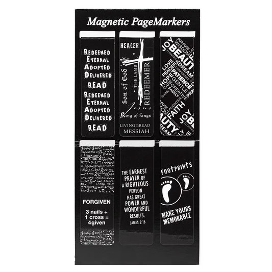 Set of magnetic page markers with religious text and symbols on a black background