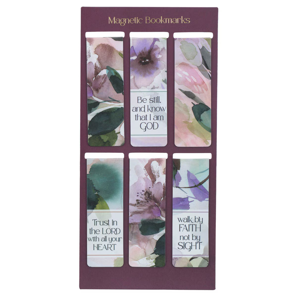 Set of floral magnetic bookmarks with inspirational quotes in a purple packaging.