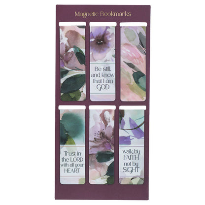 Set of floral magnetic bookmarks with inspirational quotes in a purple packaging.