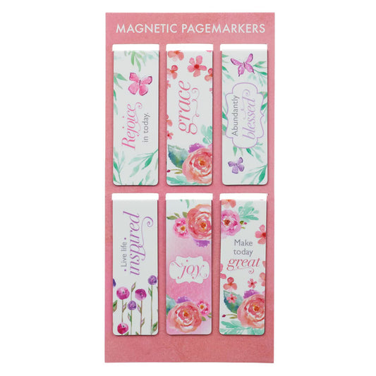 Set of floral magnetic page markers on a pink card