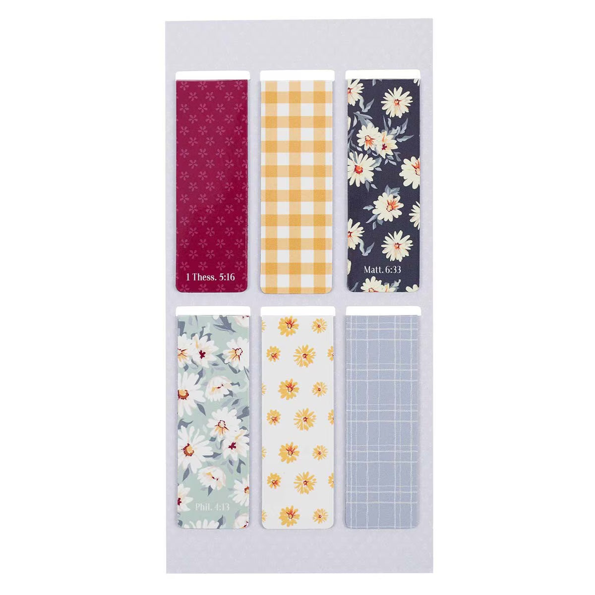 Set of six floral and checkered patterned bookmarks on a white background