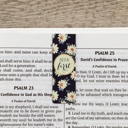 Floral bookmark with 'Seek first' text on a Bible page