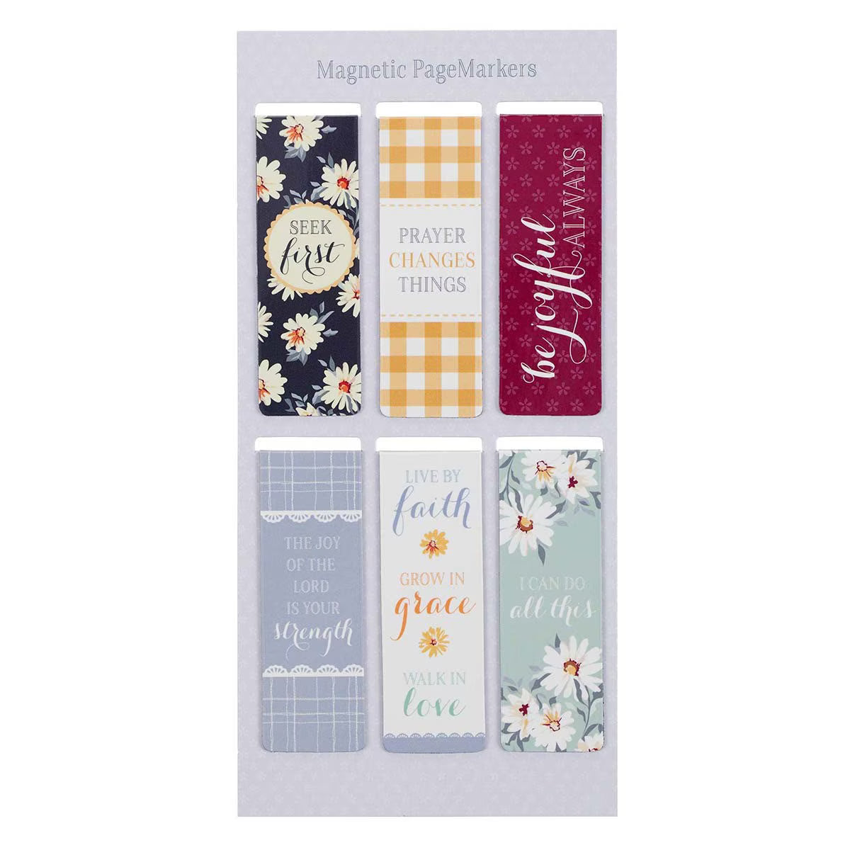 Set of magnetic page markers with various designs and text on a white background