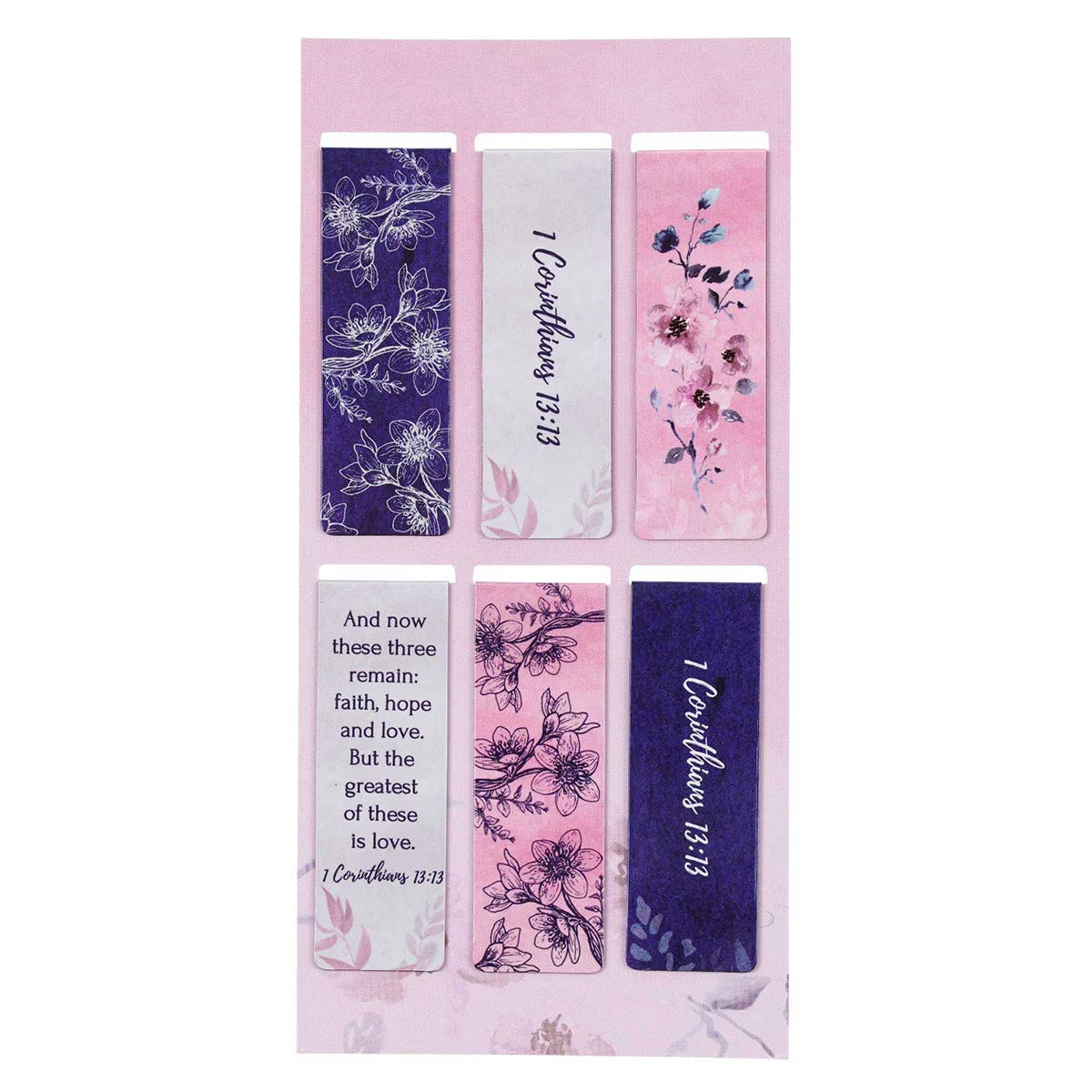 Set of floral and text bookmarks on a pink background