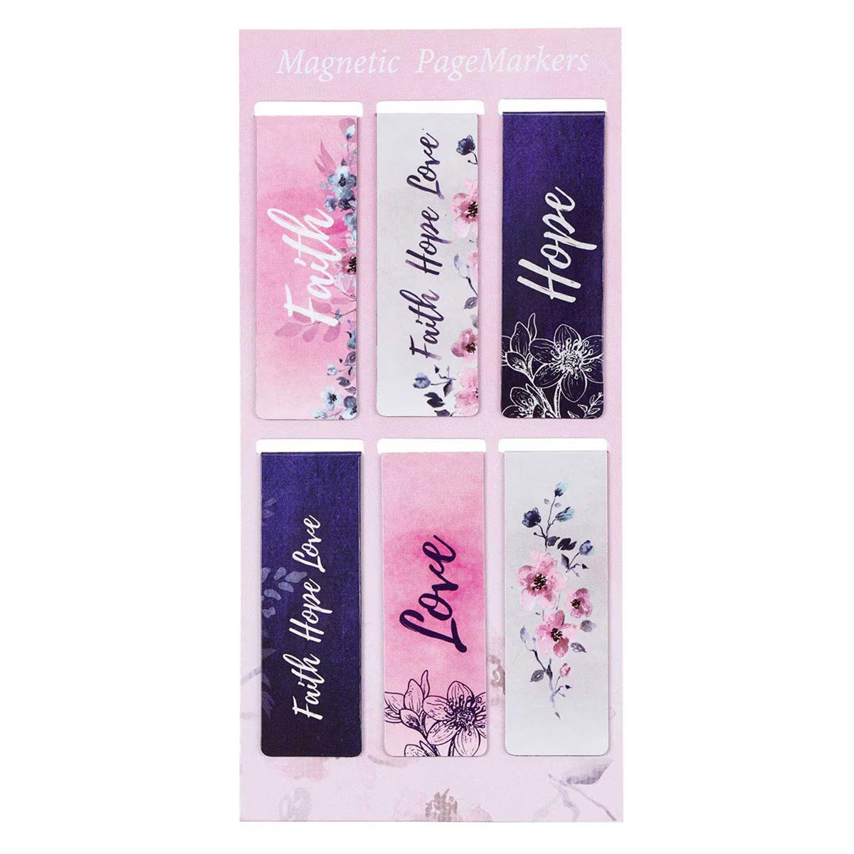 Set of magnetic page markers with floral and motivational text on a pink background