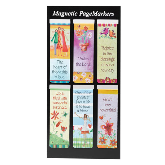 Set of colorful magnetic page markers with inspirational quotes on a black background
