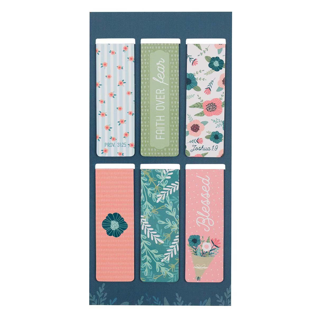 Set of six floral and nature-themed bookmarks on a blue background