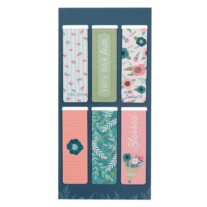 Set of six floral and nature-themed bookmarks on a blue background