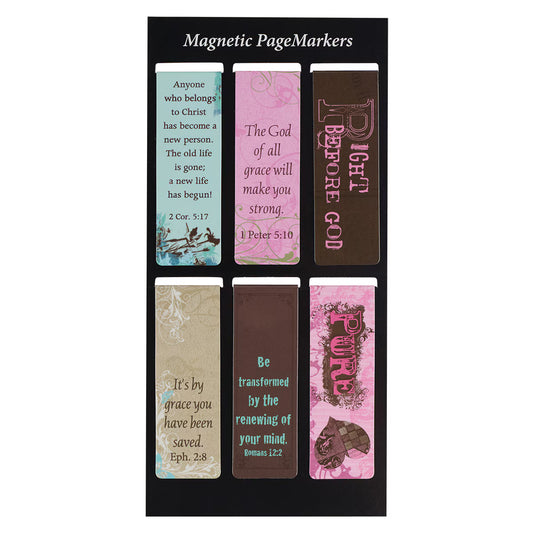 Set of magnetic page markers with religious text and designs on a black background