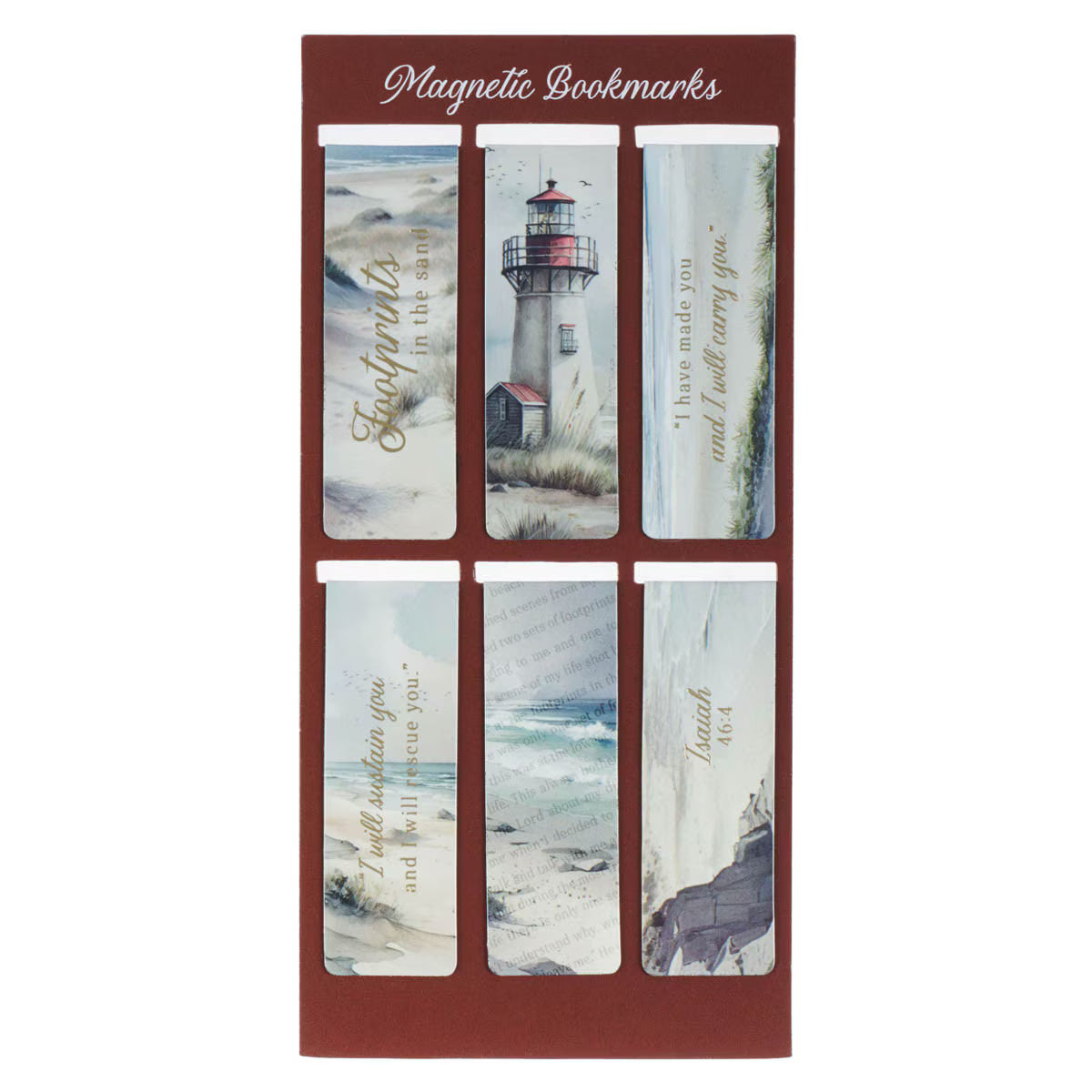 Set of magnetic bookmarks with scenic designs and text on a red card.