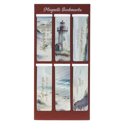 Set of magnetic bookmarks with scenic designs and text on a red card.