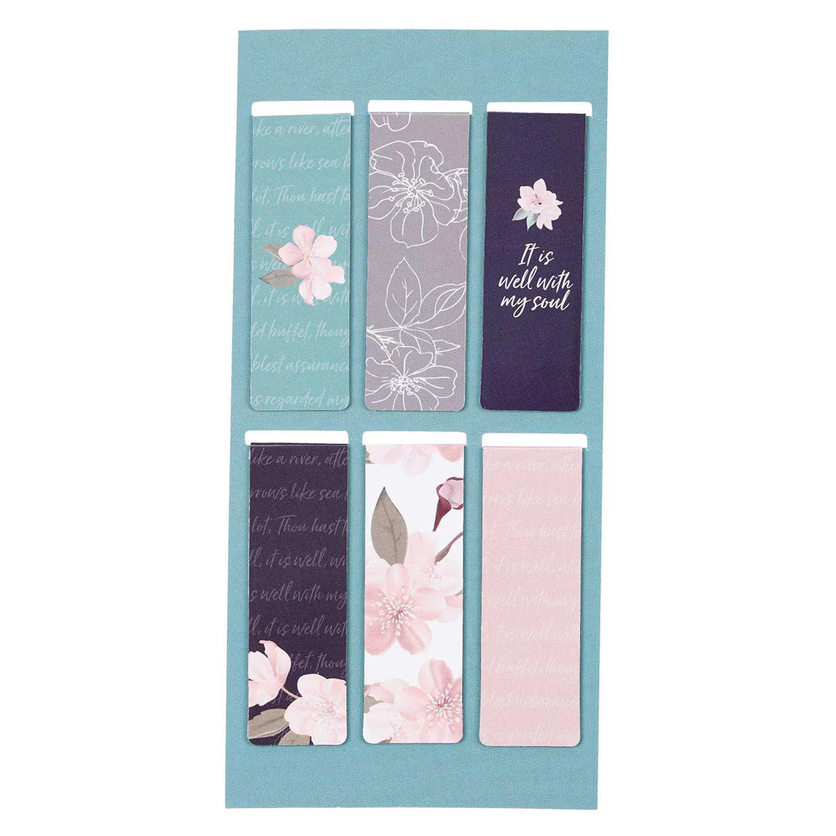 Set of floral and motivational bookmarks on a blue card