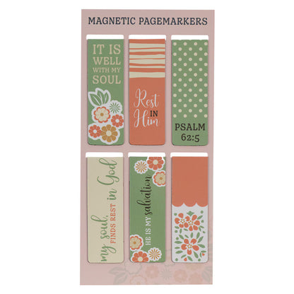 Set of six magnetic page markers with religious text and designs on a pink card.