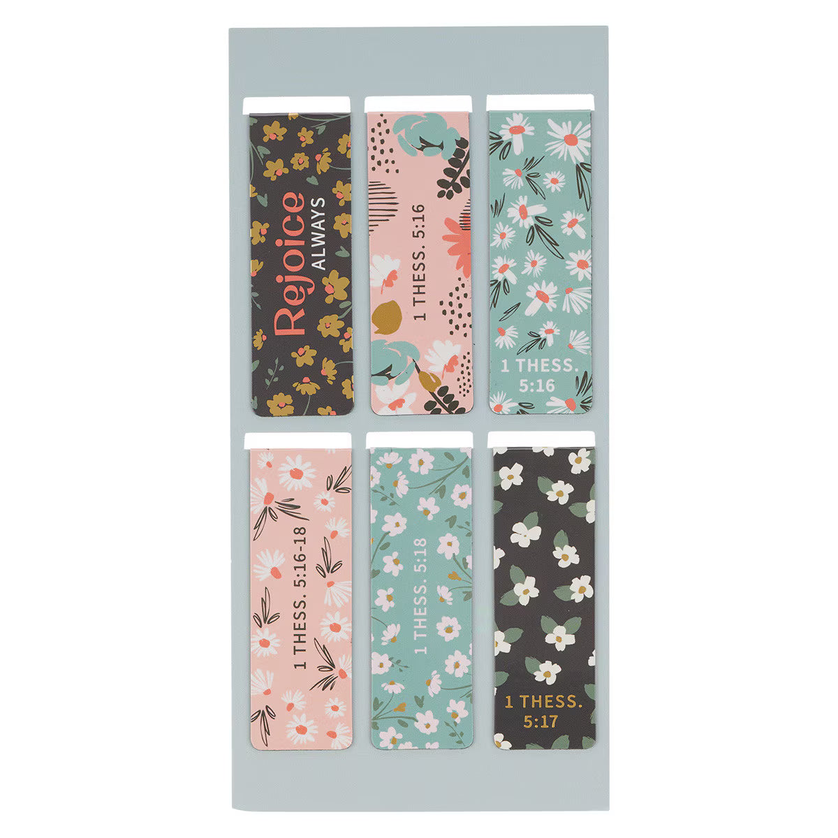 Set of six floral and motivational bookmarks on a gray card