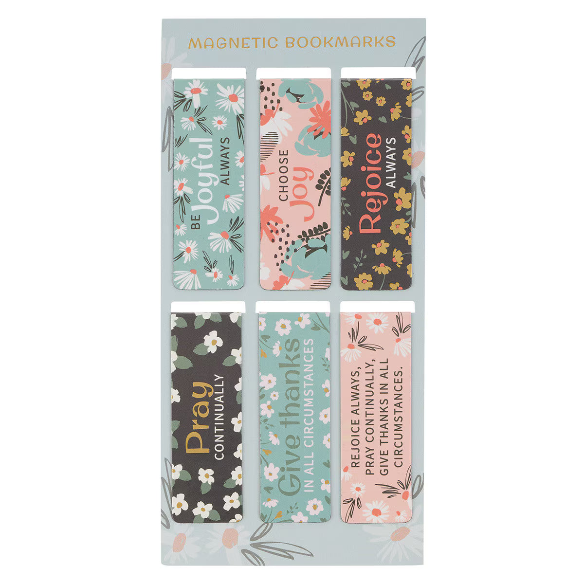 Set of magnetic bookmarks with floral designs and motivational phrases in a packaging box.