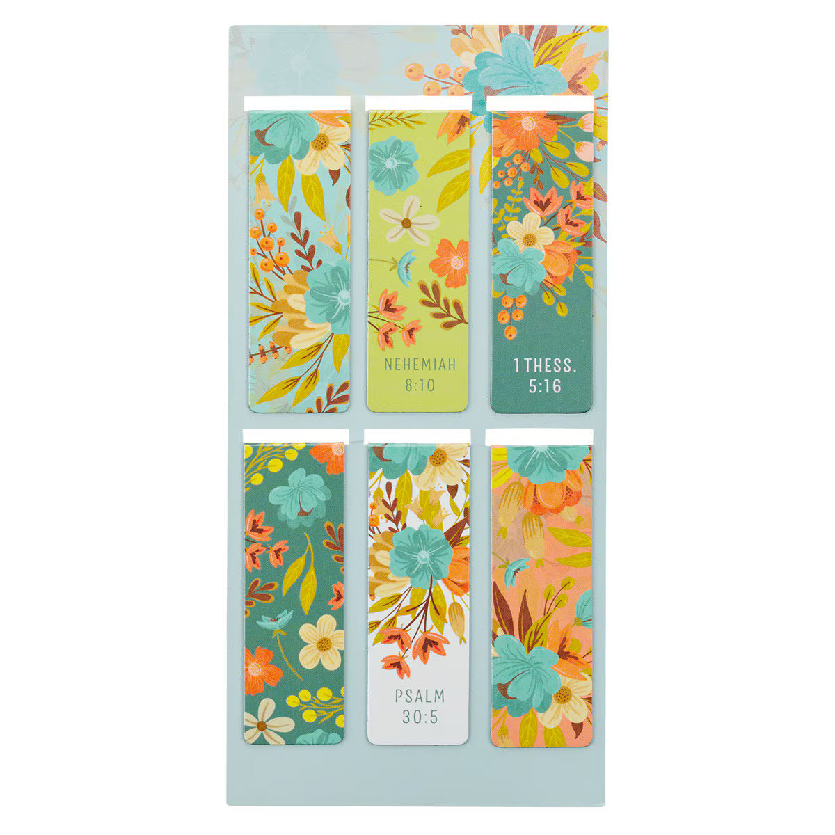 Set of colorful floral bookmarks with Bible verses on a light blue background