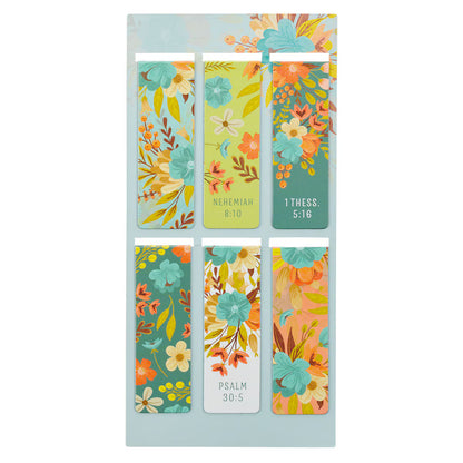Set of colorful floral bookmarks with Bible verses on a light blue background