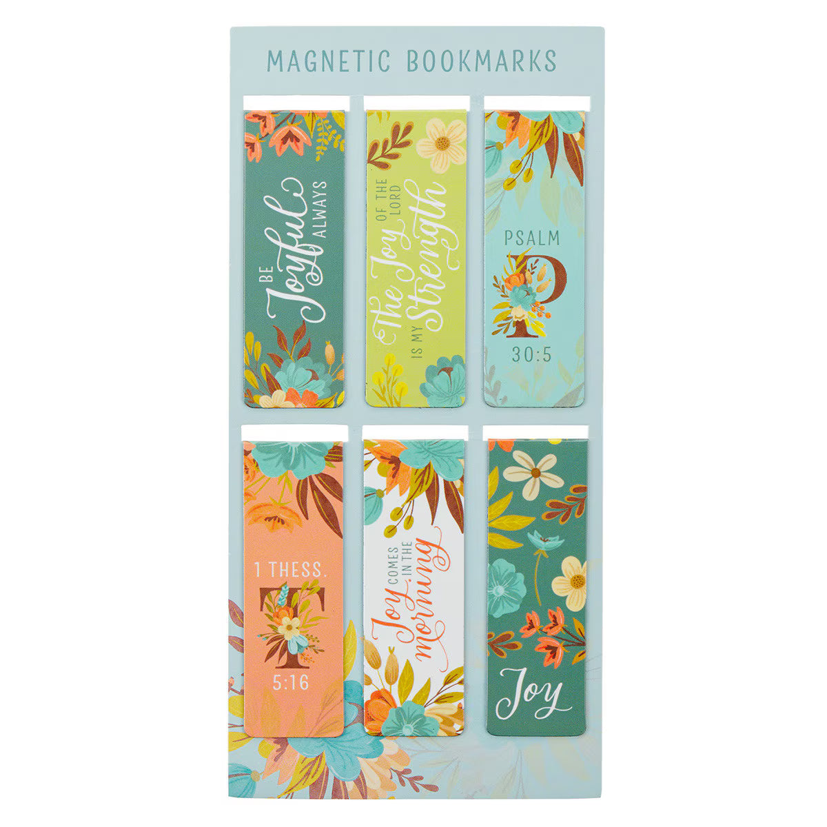 Set of colorful magnetic bookmarks with floral designs and motivational text on a light blue background.