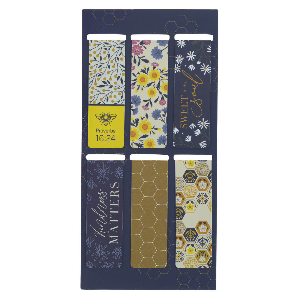 Set of six floral and patterned bookmarks on a blue card